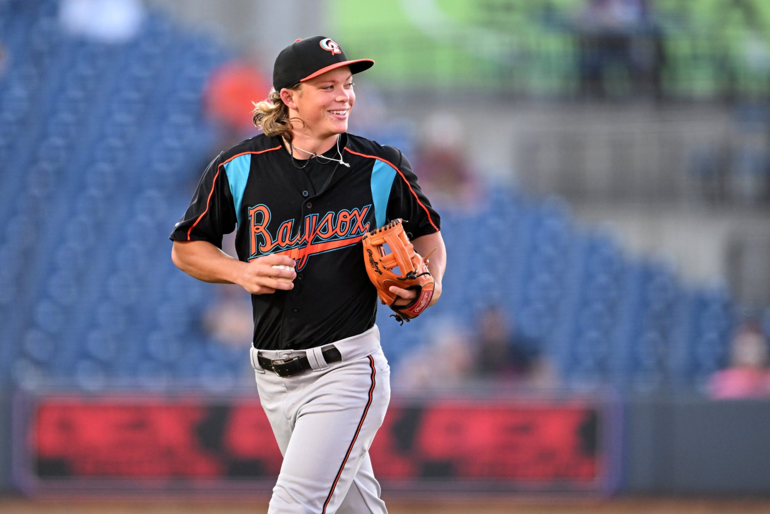 Jackson Holliday #18 of the Bowie Baysox runs off the field after the second inning against the Akron RubberDucks at Canal Park on August 29, 2023 in Akron, Ohio.