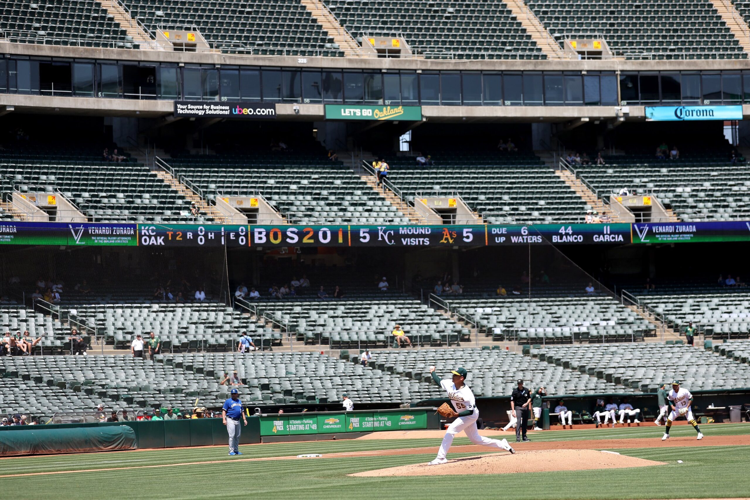 Empty seats at an August game between the Oakland Athletics and Kansas City Royals.