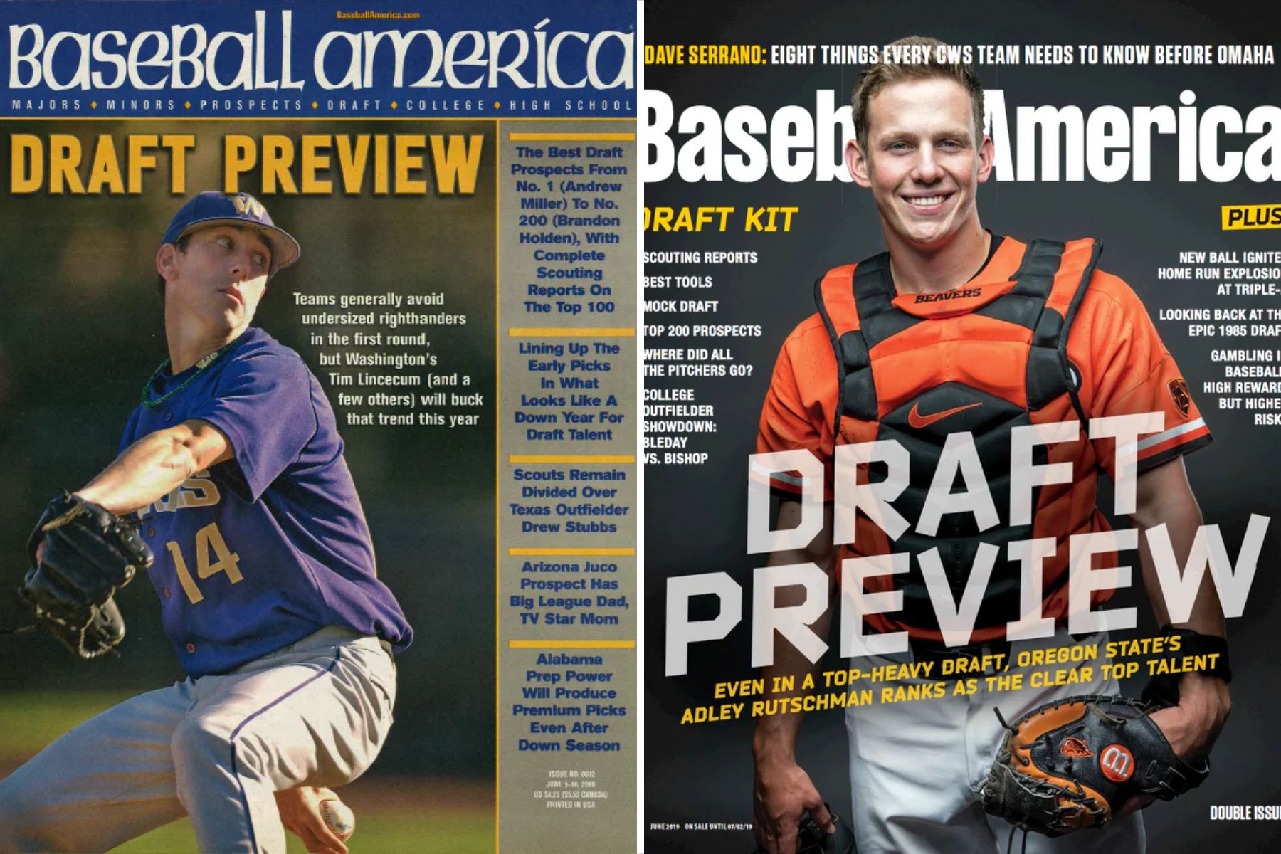 Tim Lincecum and Adley Rutschman were two Pac-12 stars who made the Baseball America draft preview cover.
