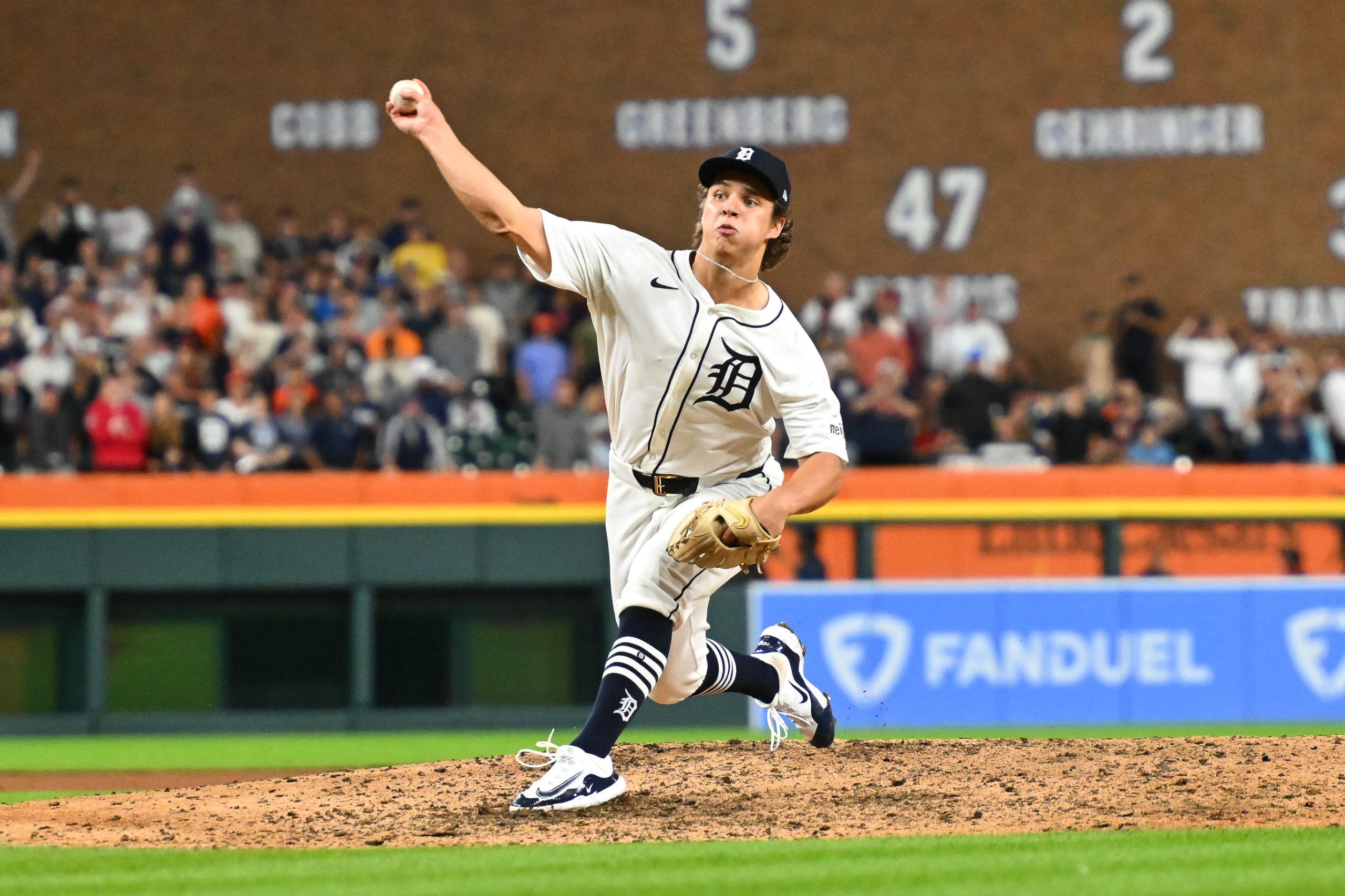 DETROIT, MI - SEPTEMBER 25: Detroit Tigers pitcher Jackson Jobe (21) pitches in the ninth inning in his major league debut during the Detroit Tigers versus the Tampa Bay Rays game on Wednesday September 25, 2024 at Comerica Park in Detroit, MI. (Photo by Steven King/Icon Sportswire)