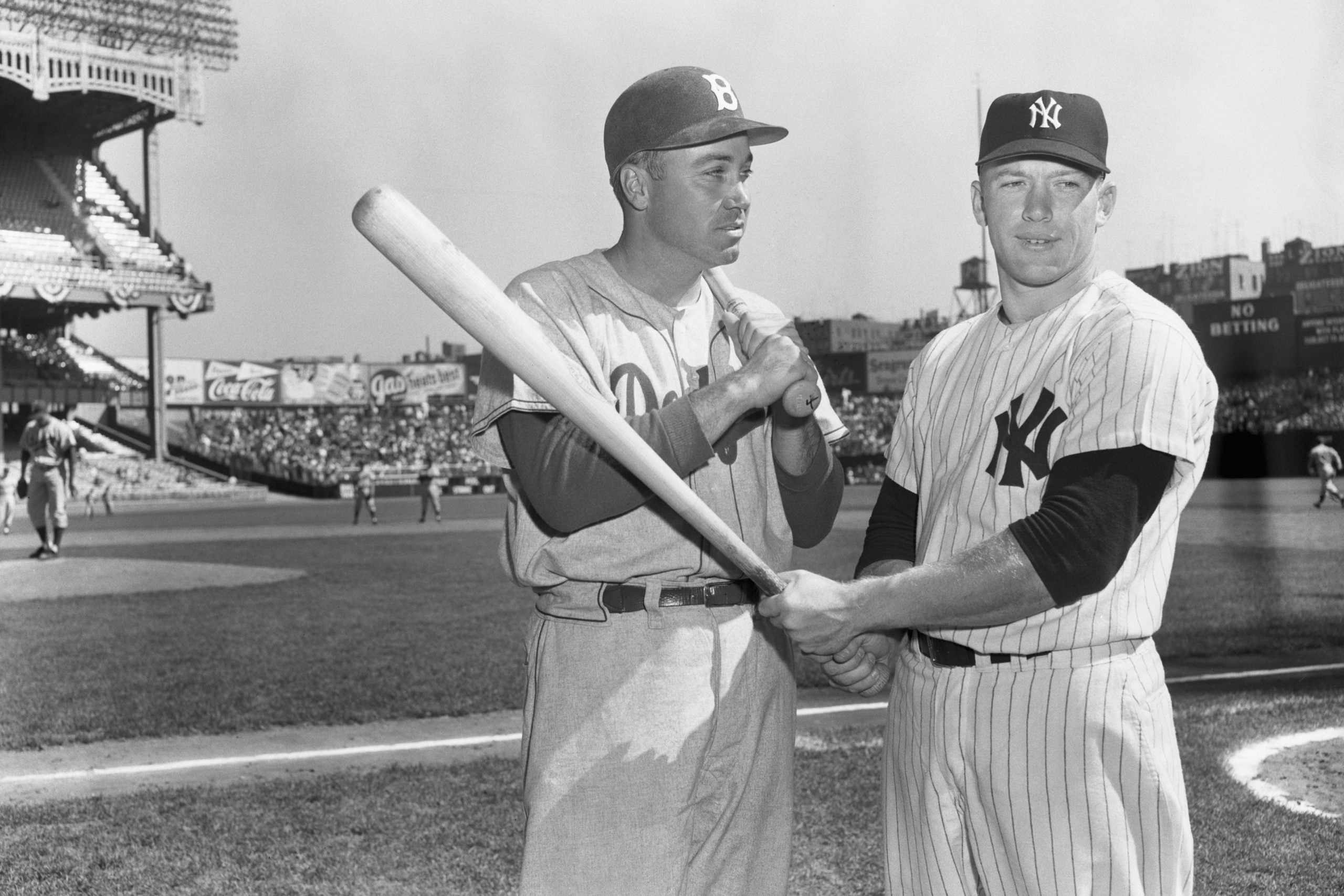 Duke Snider and Mickey Mantle pose together before the start of Game 2 of the 1955 World Series.