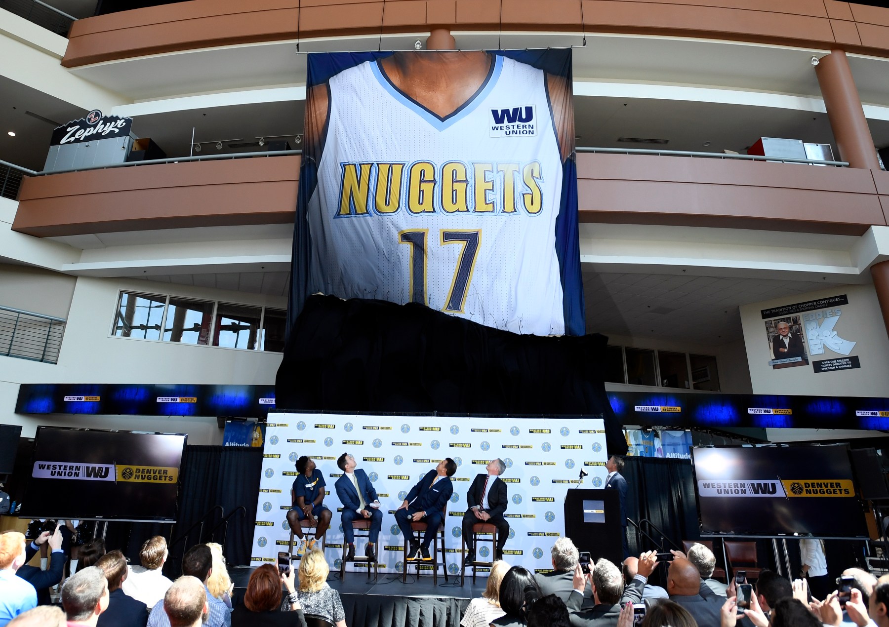 Sponsorship patches have become commonplace in the NBA. (Photo by John Leyba/Denver Post via Getty Images)